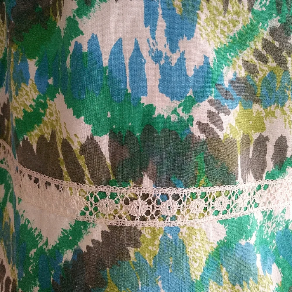 Vintage Handmade Half Tie Back Apron With Pockets 1960s Blue and Green Print